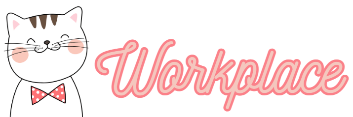 A white and brown cat smiling and wearing a bowtie with the word "Workplace" next to the cat in pink joined up handwriting