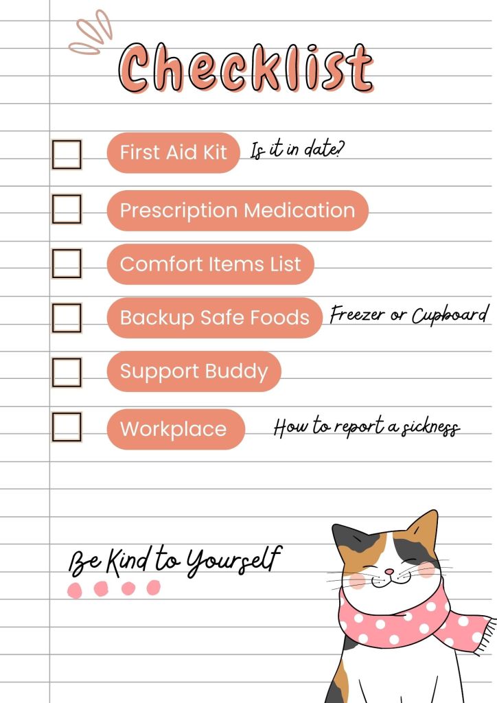A summary checklist that reads 1. First Aid Kit, 2. Prescription Medication, 3. Comfort Items, 4. Back up safe foods, 5. support buddy, 6. workplace. At the bottom of the list there is a smiling cat wearing a pink scarf saying "Be Kind to Yourself"