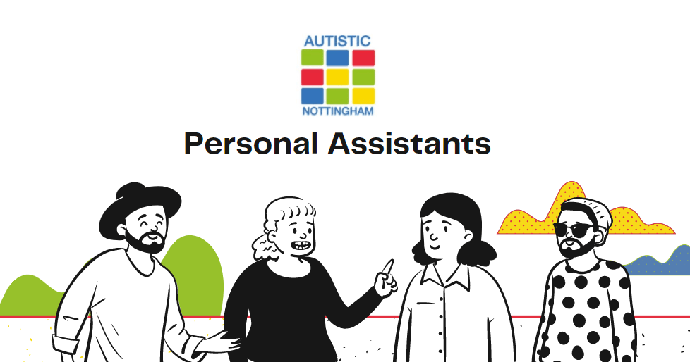 4 black and white cartoon characters stood together talking with the title "Personal Assistants"